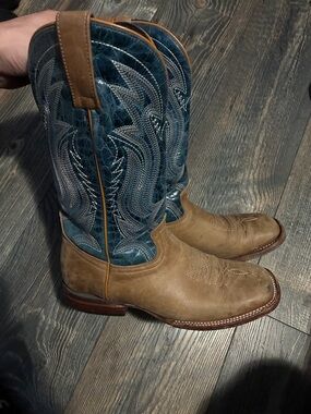 J.B. Dillon Brown Leather Foot with Barn Blue Embroidered Shaft Western Boots